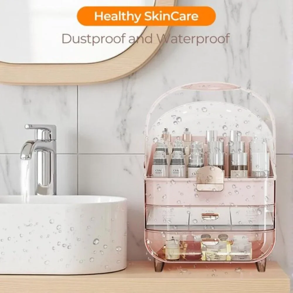 Pink Makeup Organizer, 2-Drawer Dustproof Vanity Storage with Lid for Skincare
